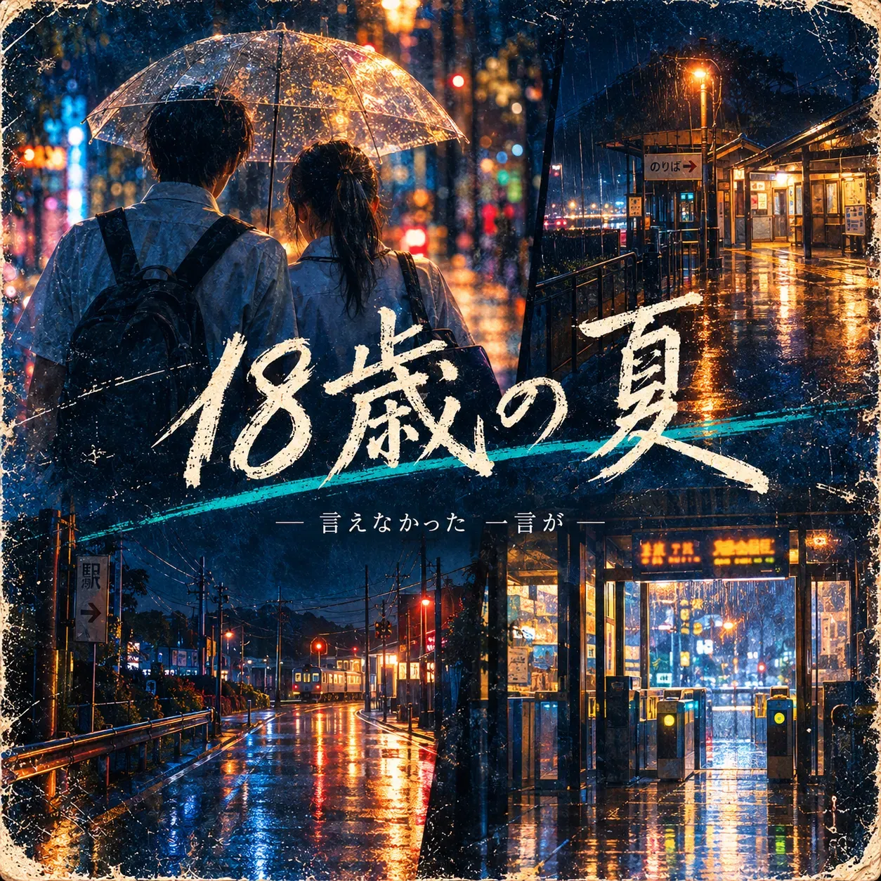 「18歳の夏」のジャケット。雨の夜の一本の傘、駅までの道、改札