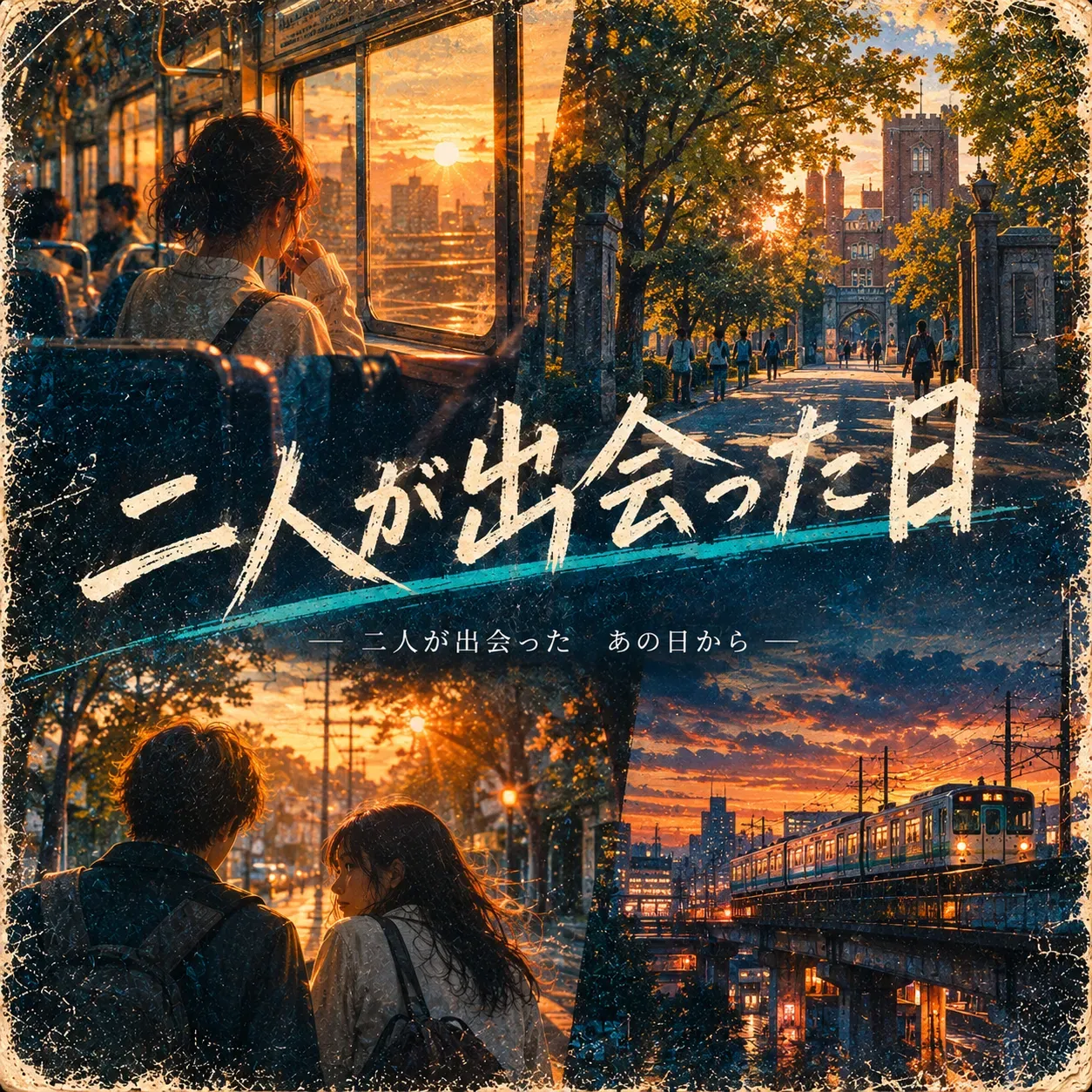 「二人が出会った日」のジャケット。夕日の電車、大学までの並木道、高架を走る電車